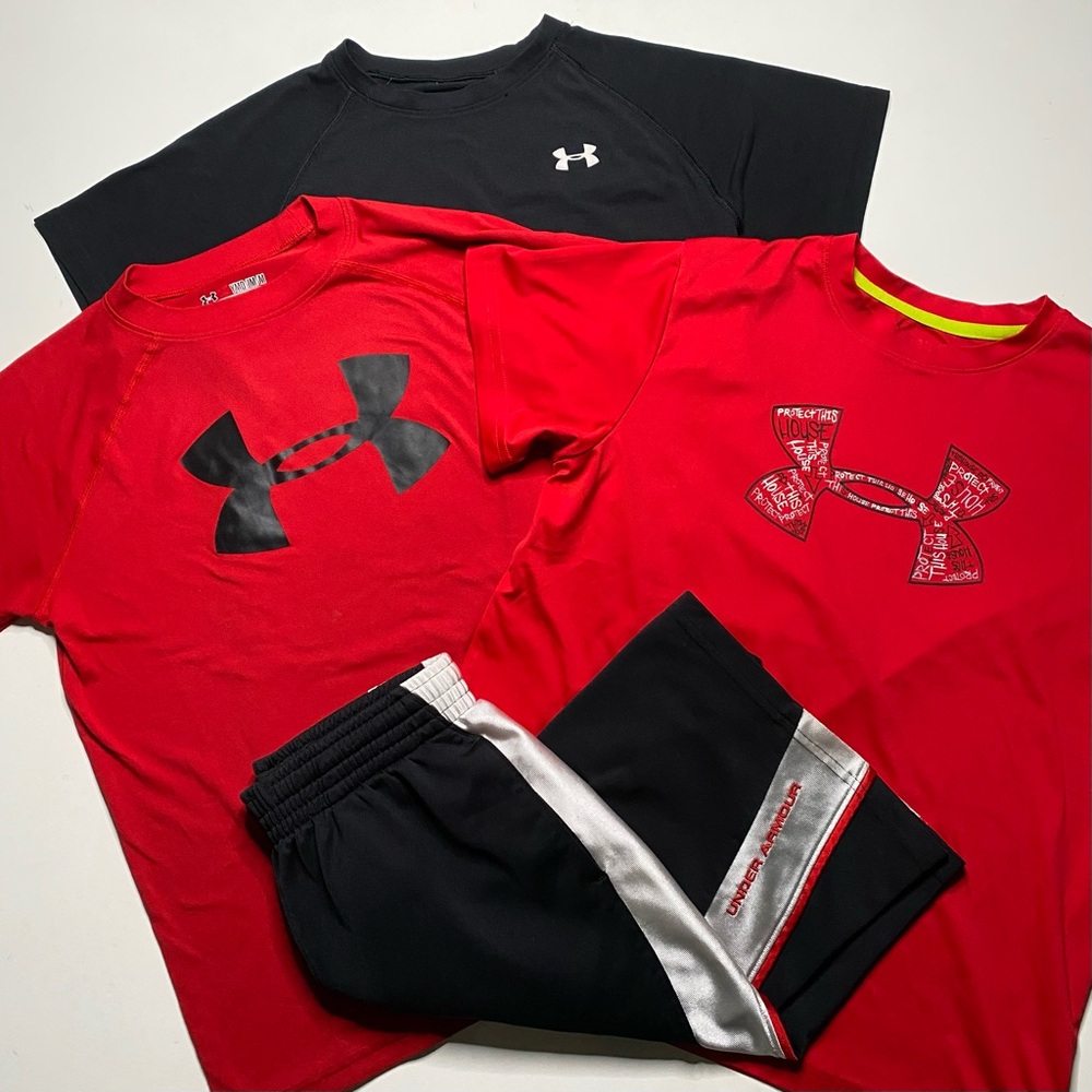 4pc Under Armour Boys Athletic Shirts Shorts Sz M Medium EUC Like New Bundle Lot